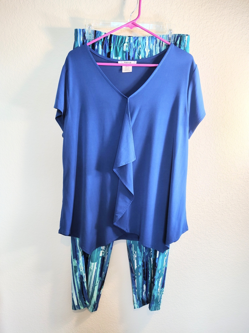Blue Masseys V-Neck Ruffle Front Women's Top and Pants Set